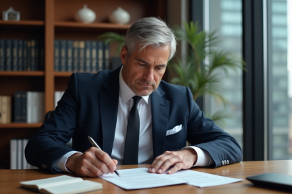 Avocat en costume bleu examinant un contrat dans un bureau moderne