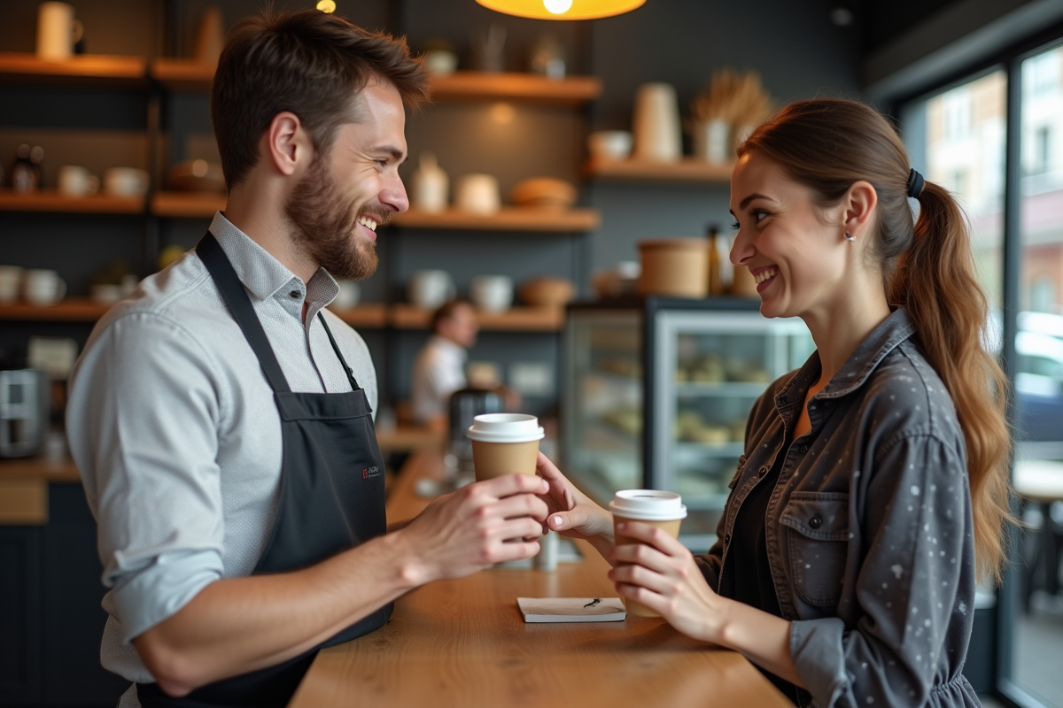 Jeune barista remet un café à une cliente dans un café animé