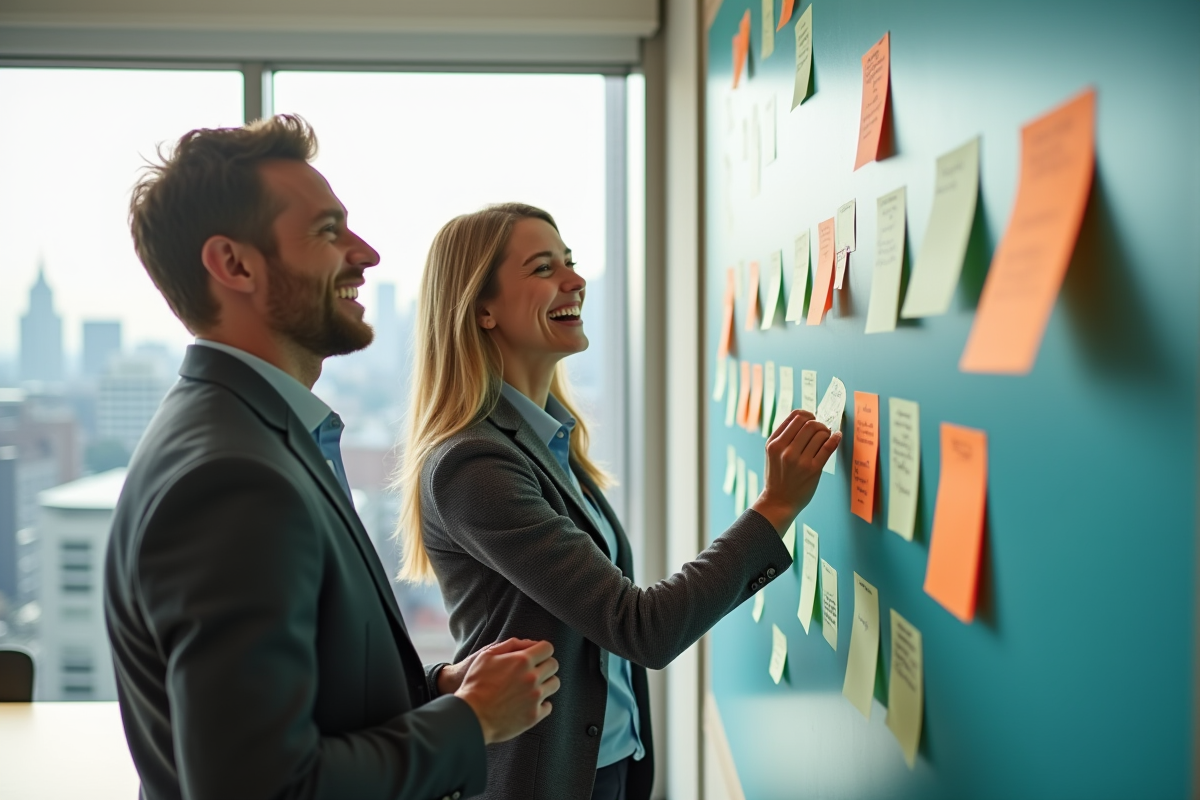 Deux collègues riant devant un mur de post-its colorés