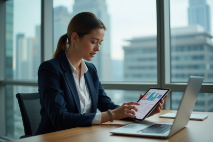 Femme d'affaires utilisant une tablette dans un bureau moderne