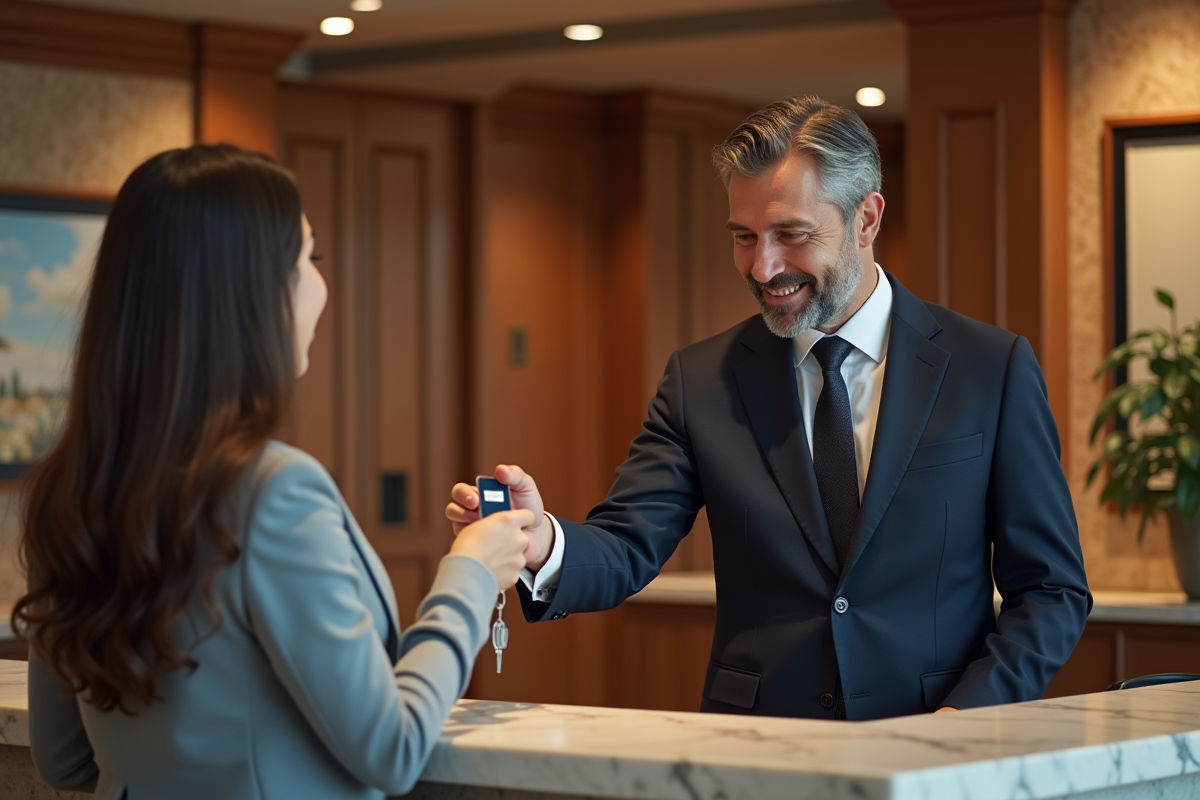 Concierge d hotel remettant une carte clef à un couple souriant