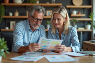 Couple d'adultes examinant un flyer dans un bureau moderne
