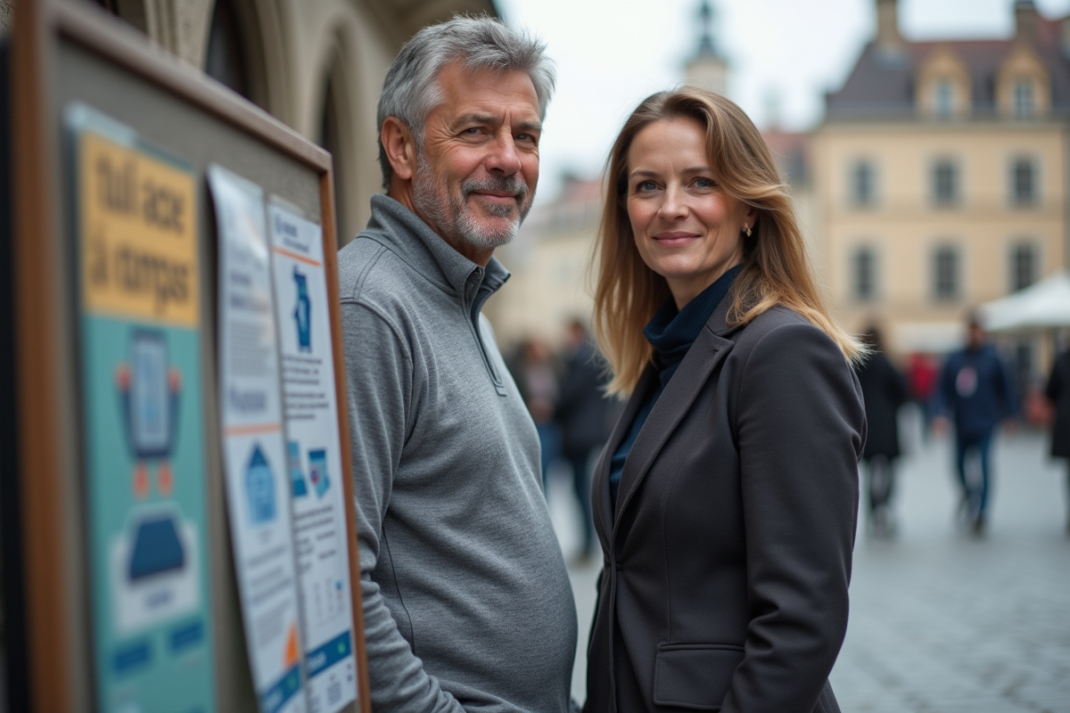 Homme et femme discutant devant panneau d