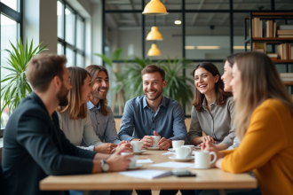 Groupe de professionnels souriants en pause café au bureau