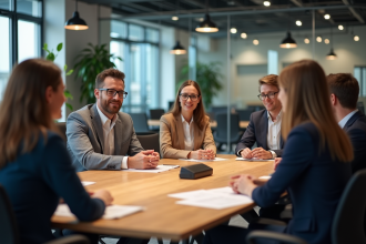 Groupe divers d'employes en discussion dans un bureau moderne