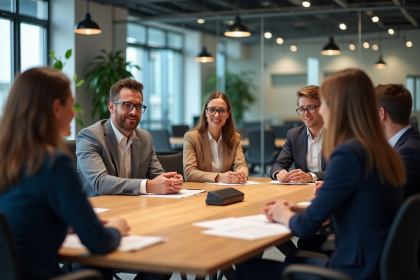 Groupe divers d'employes en discussion dans un bureau moderne