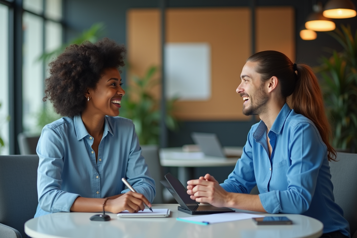Une leader accueillante saluant un jeune employé dans un espace de travail