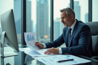 Homme d'affaires en costume regardant des graphiques financiers