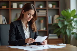 Femme d'affaires examine des cartes de visite dans un bureau