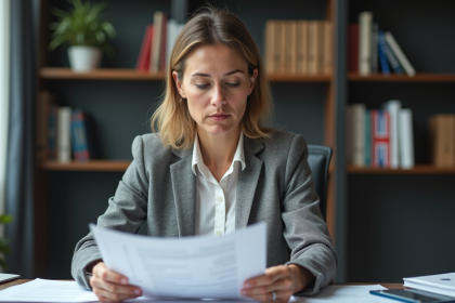 Femme d'affaires québécoise examine des documents officiels