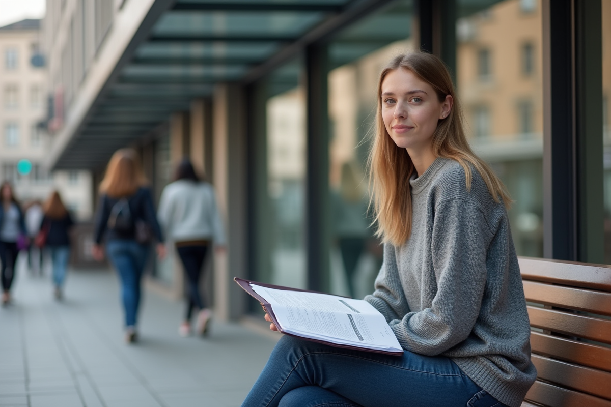 Jeune femme souriante assise sur un banc urbain