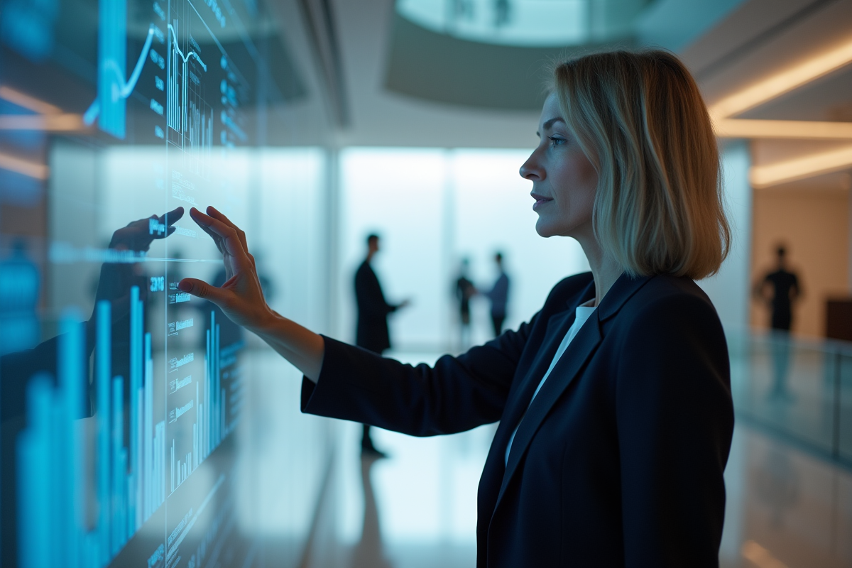 Manager IT féminine montrant un tableau numérique dans un atrium