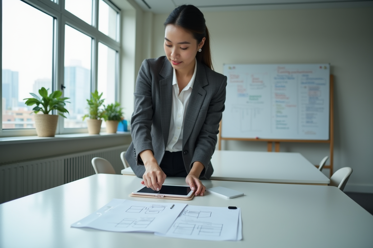 Jeune femme planifiant avec une tablette dans un bureau lumineux