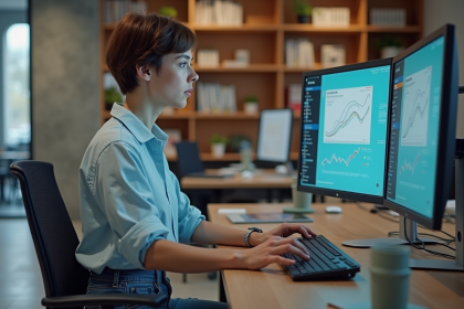 Jeune femme analysant des donn&eacute;es sur deux &eacute;crans au bureau
