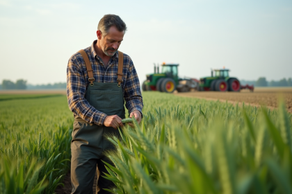 Ferme avec un fermier inspectant des cultures de bl&eacute; vertes