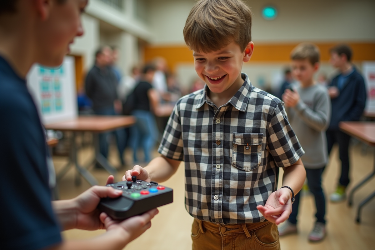 Garçon montrant un contrôleur de jeu fait main à un adulte