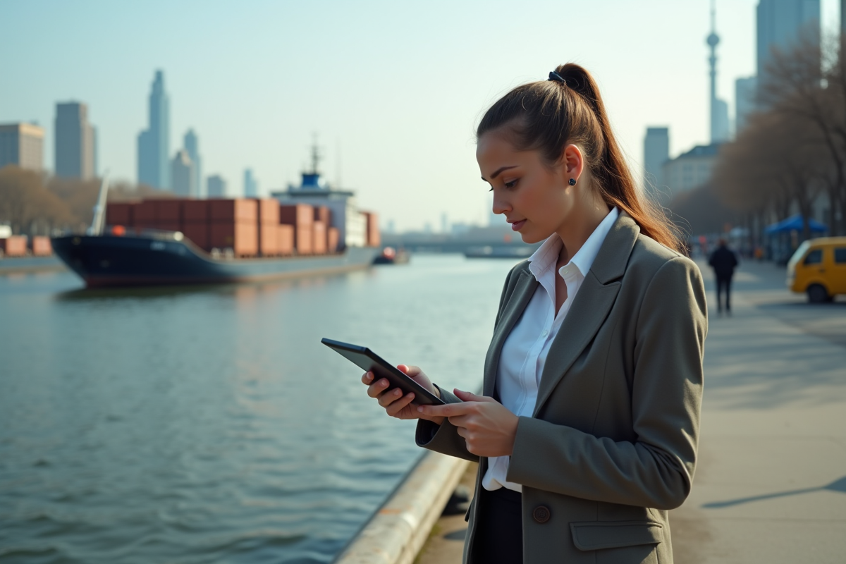 Jeune femme gestionnaire vérifiant une tablette sur le quai