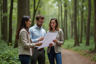 Groupe d'adultes examinant un document en forêt