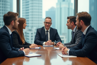 Groupe de professionnels en réunion dans une salle lumineuse