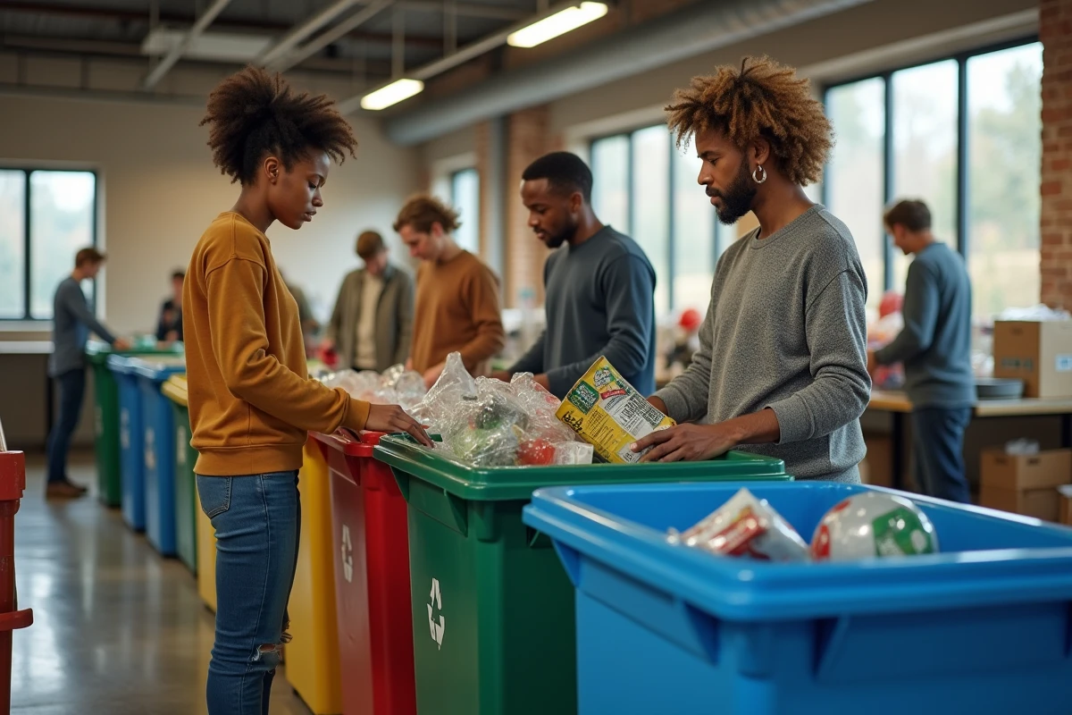 Groupe de trois adultes triant des recyclables dans un centre moderne
