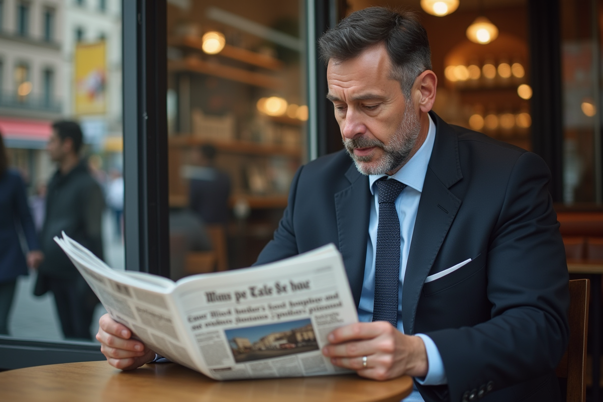 Homme d'affaires lisant un journal dans un café en ville