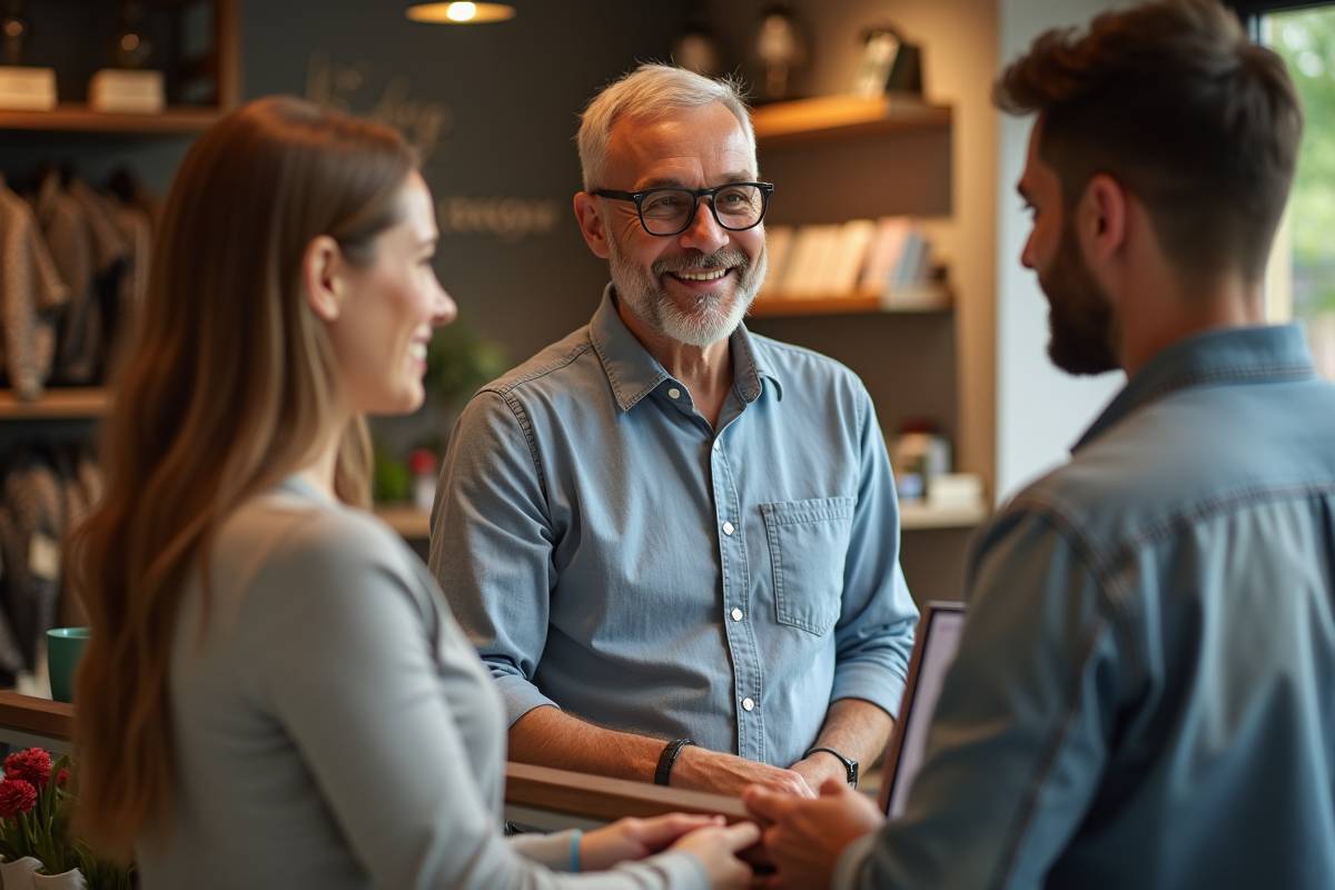 Homme aidant un couple dans un magasin accueillant