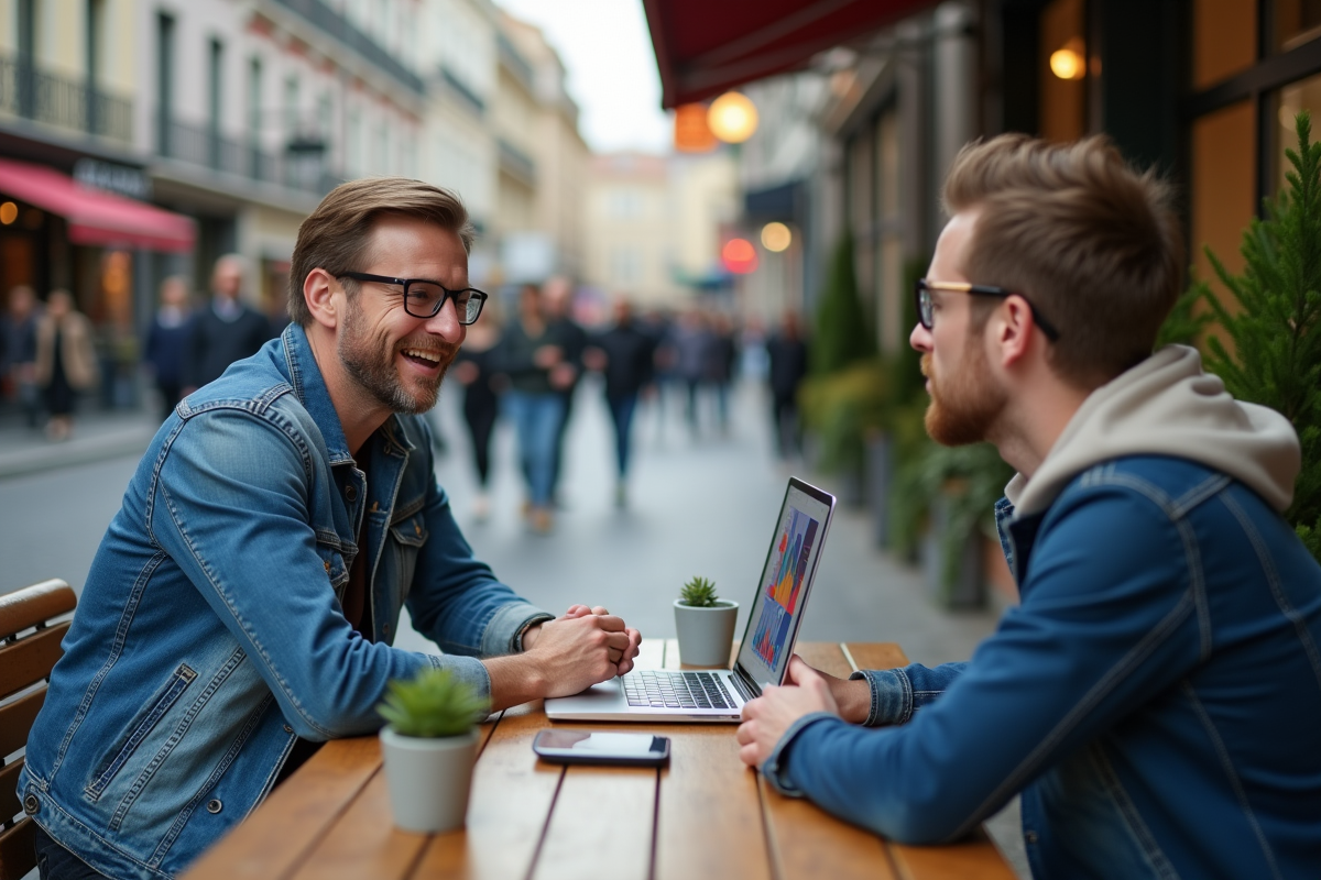 Homme en décontracte discutant au café en ville