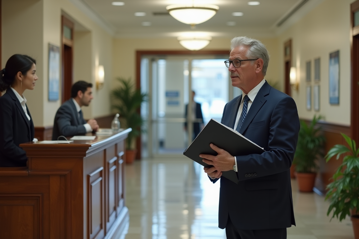 Homme en costume dans un hall administratif