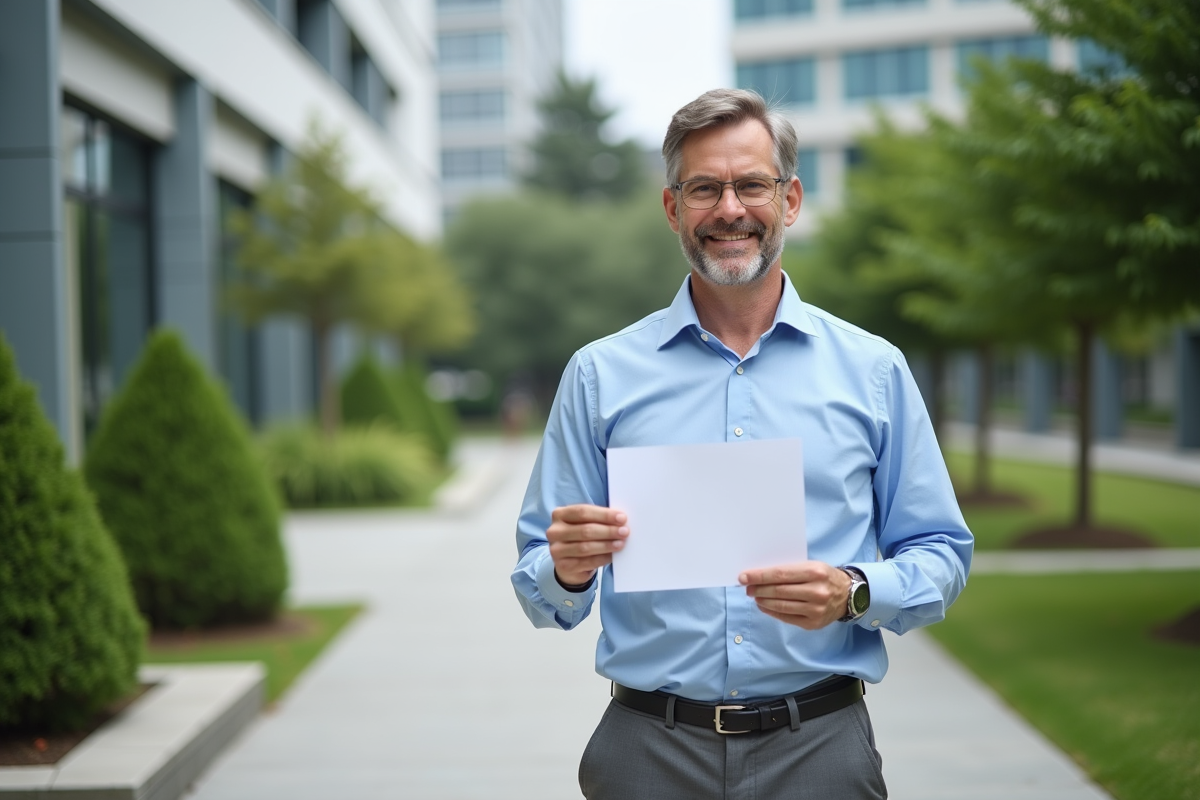 Homme souriant avec certificat de réussite en extérieur