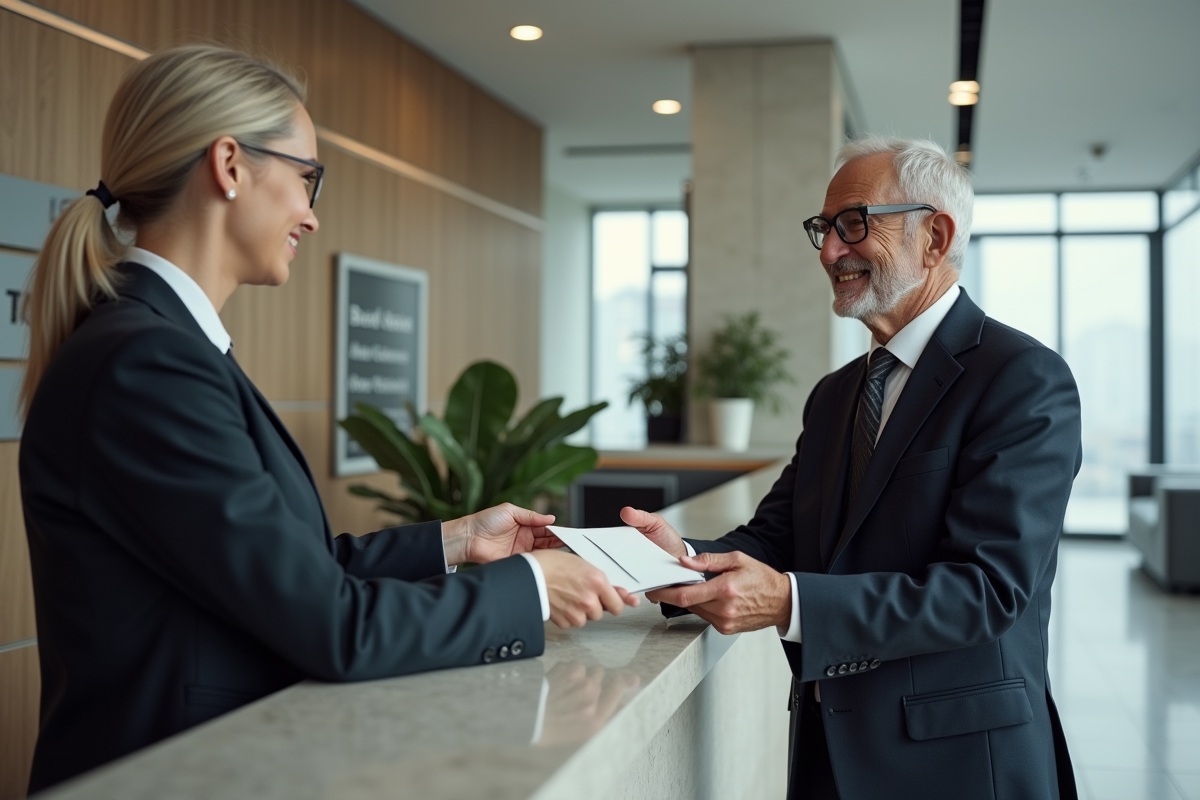 Homme d age donnant une enveloppe à une receptionniste souriante
