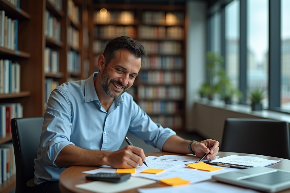 Homme en bibliothèque moderne prenant des notes