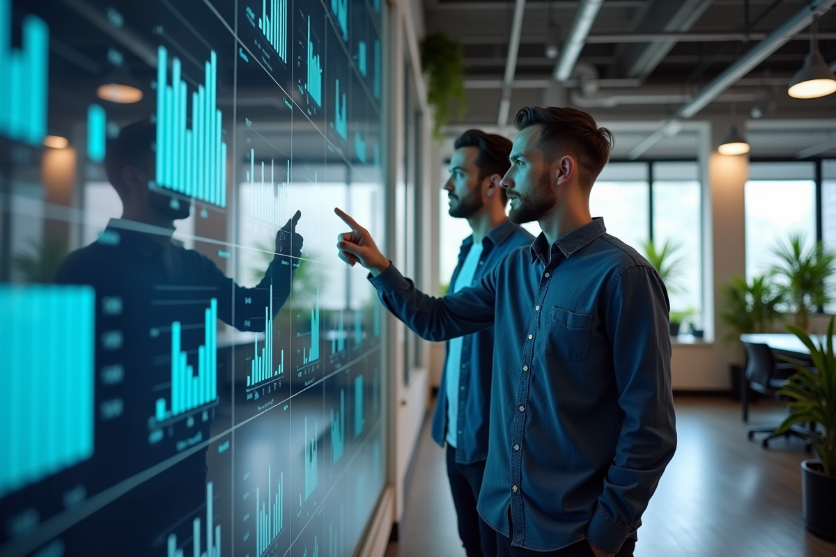 Homme discutant devant un tableau de bord digital en open space