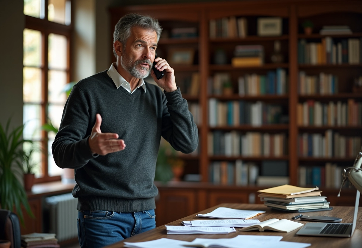 Homme en télétravail au home studio avec documents