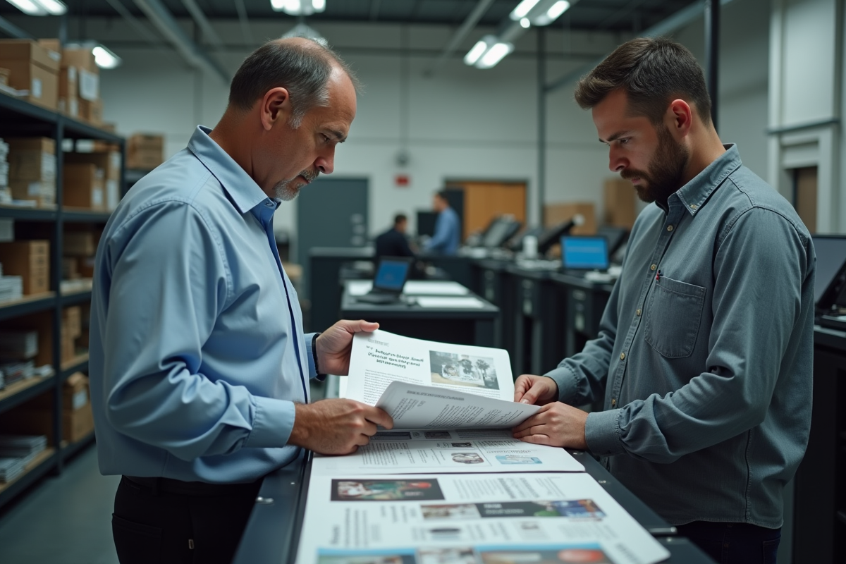 Imprimeur vérifiant un prototype de flyer dans une imprimerie