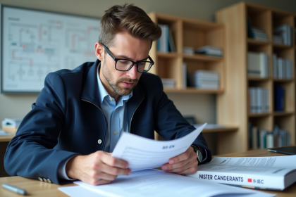 Ing&eacute;nieur homme examine documents techniques en bureau