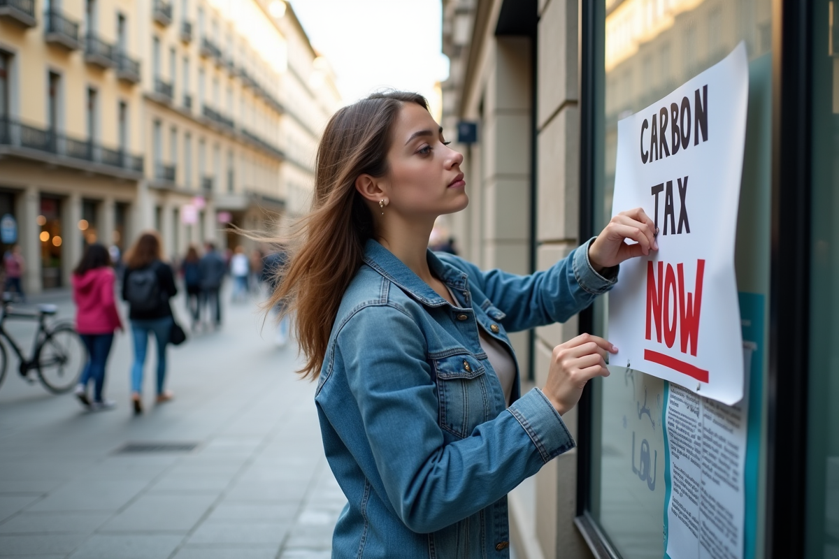 Jeune femme activiste pinçant une affiche pour le taxe carbone