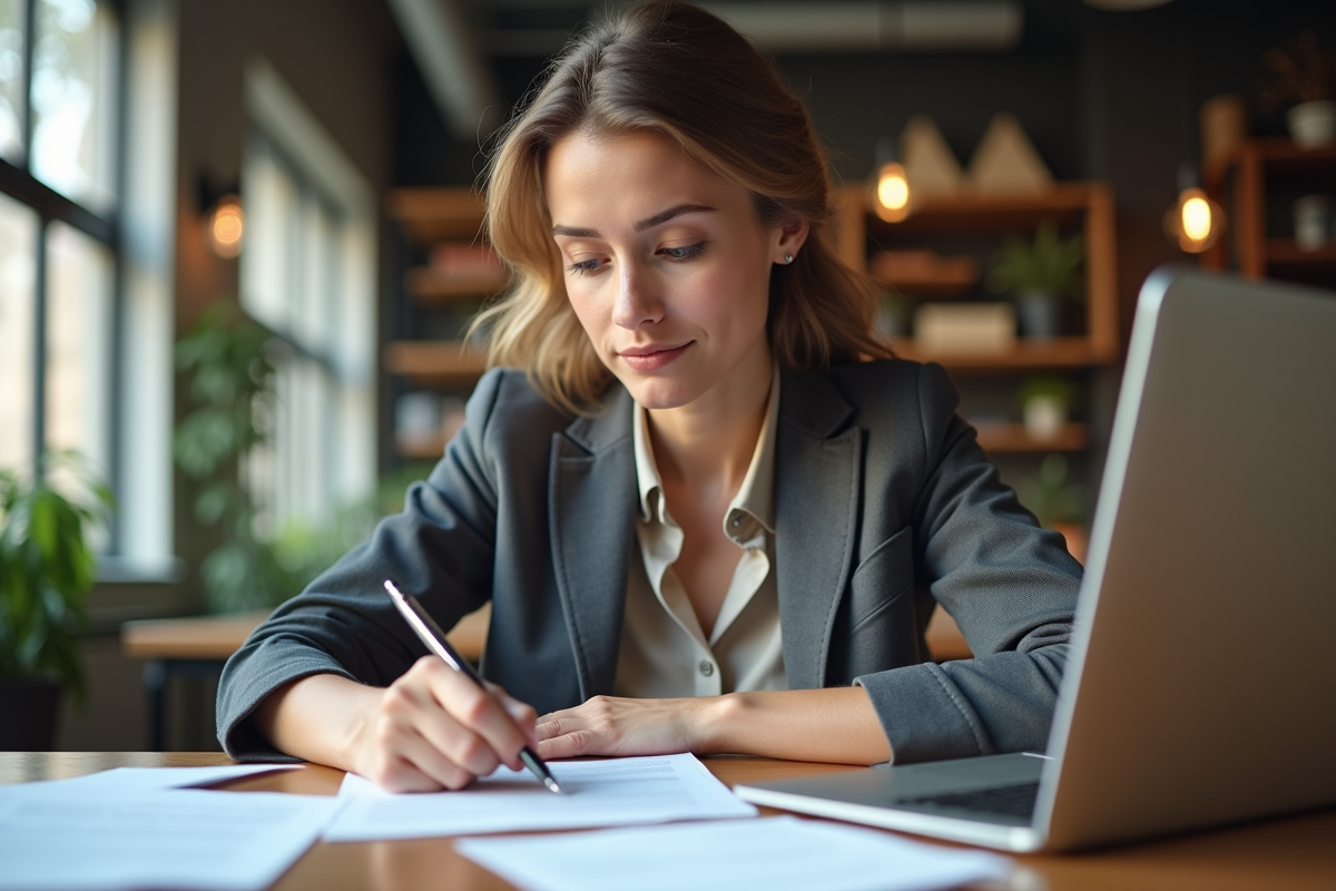 Jeune entrepreneure analysant un contrat dans un espace de coworking