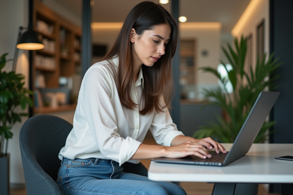 Jeune femme en blouse et jeans travaillant sur un laptop dans un espace coworking