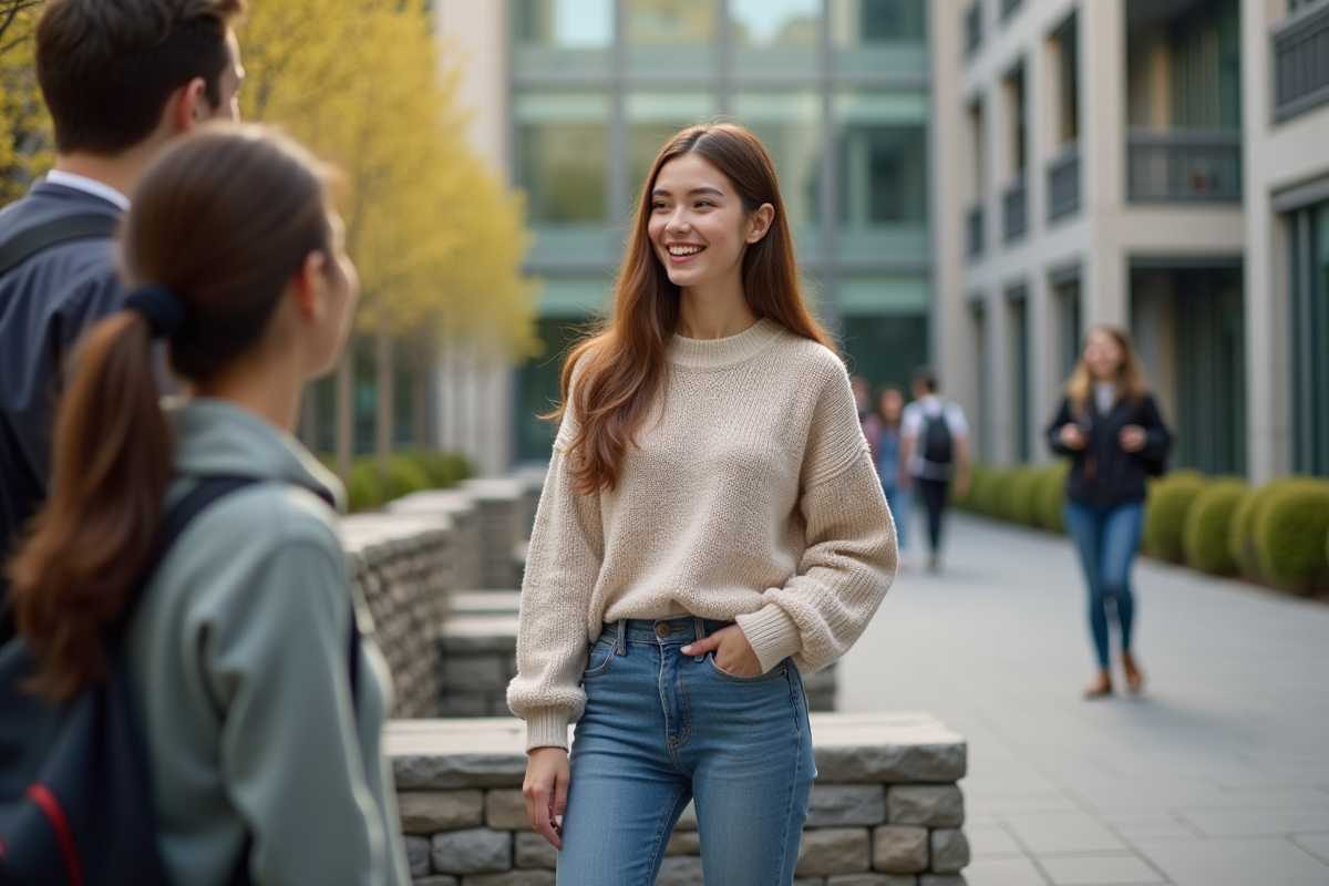 Jeune femme parle avec ses amis dans une cour universitaire