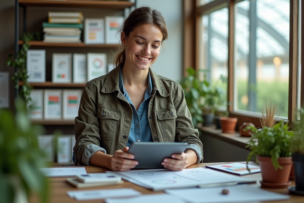Jeune femme agricultrice utilisant une tablette dans son bureau moderne