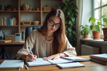 Jeune femme en &eacute;tude comptable dans un bureau cosy