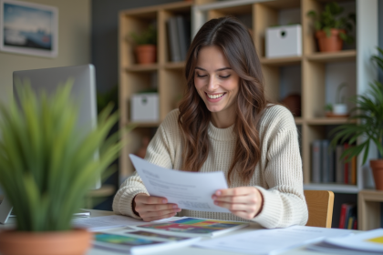 Jeune femme souriante examine des flyers color&eacute;s au bureau