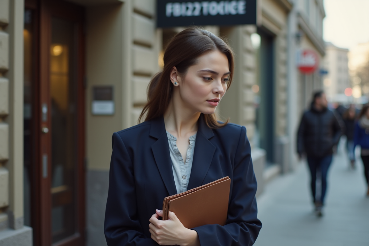 Jeune femme réfléchissant devant une agence d