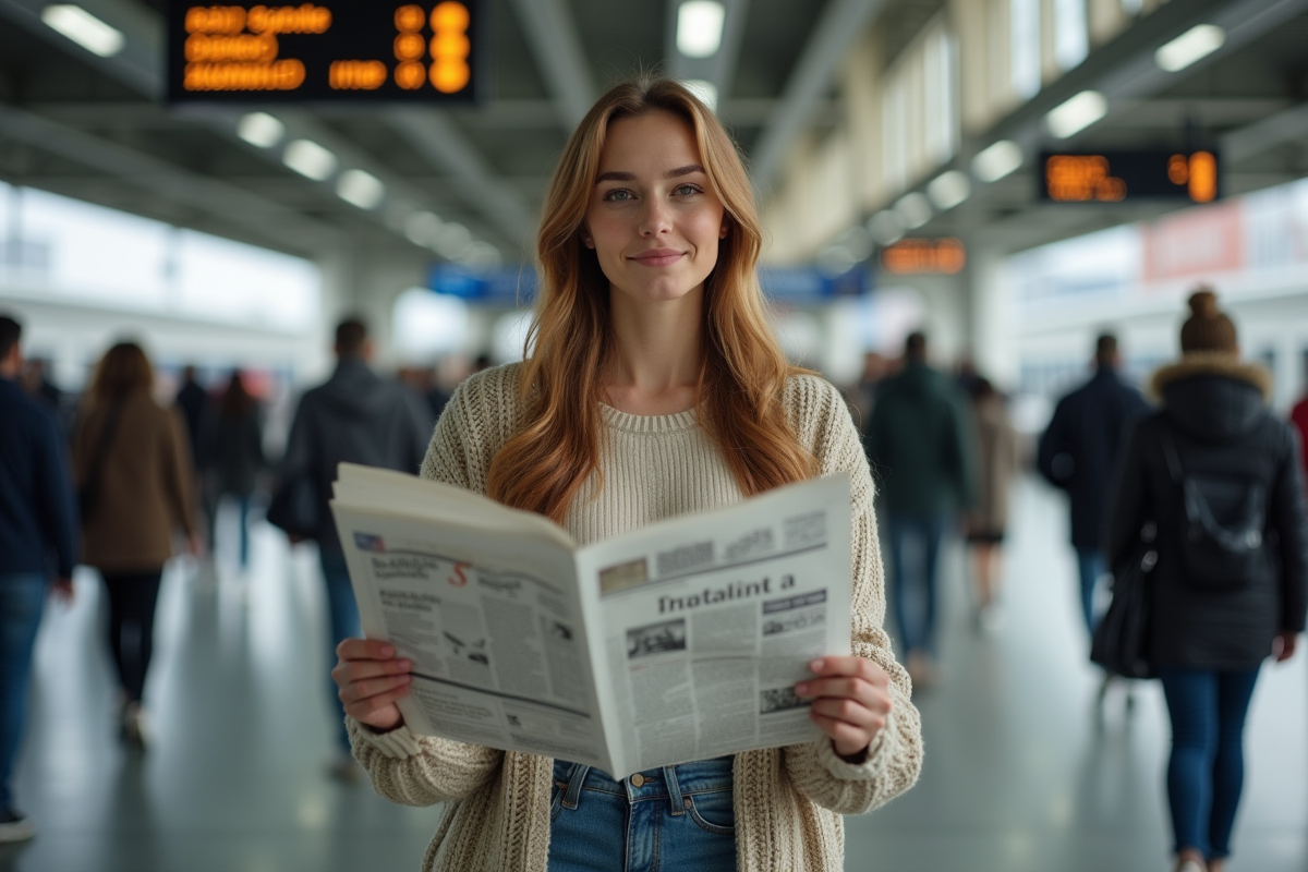Jeune femme dans une station de métro avec journal à la main