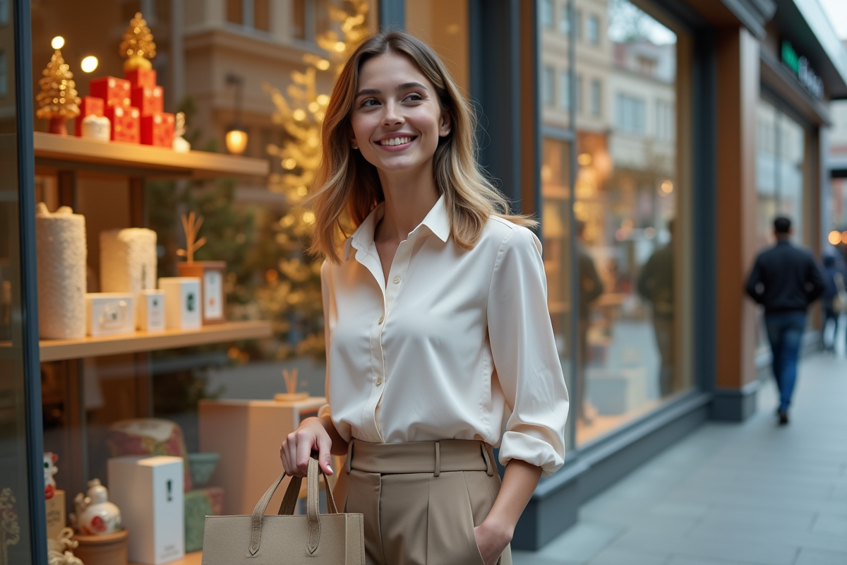 Jeune femme souriante devant une vitrine de magasin