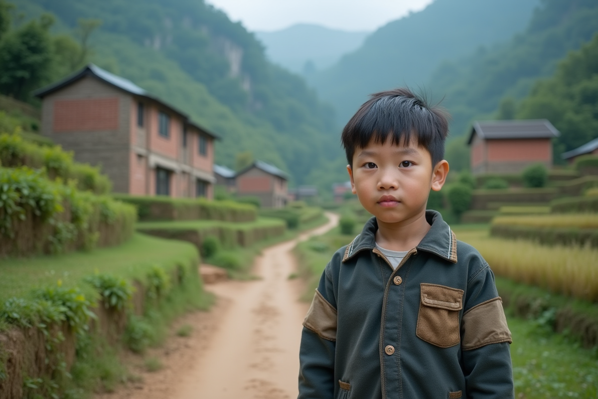 Jeune garçon chinois dans un village de montagne