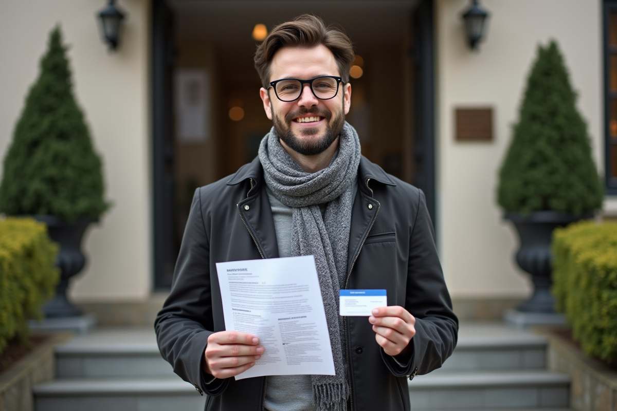 Jeune homme avec formulaire devant centre de santé