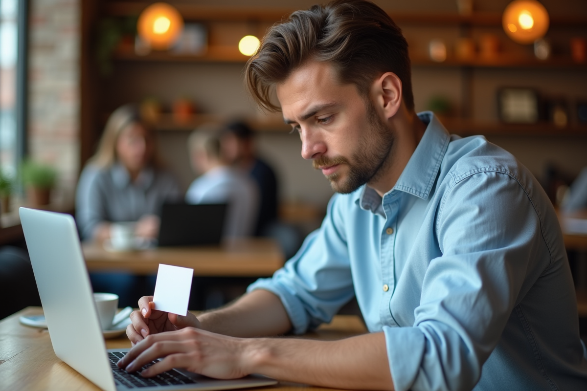Jeune homme conçoit une carte de visite dans un café