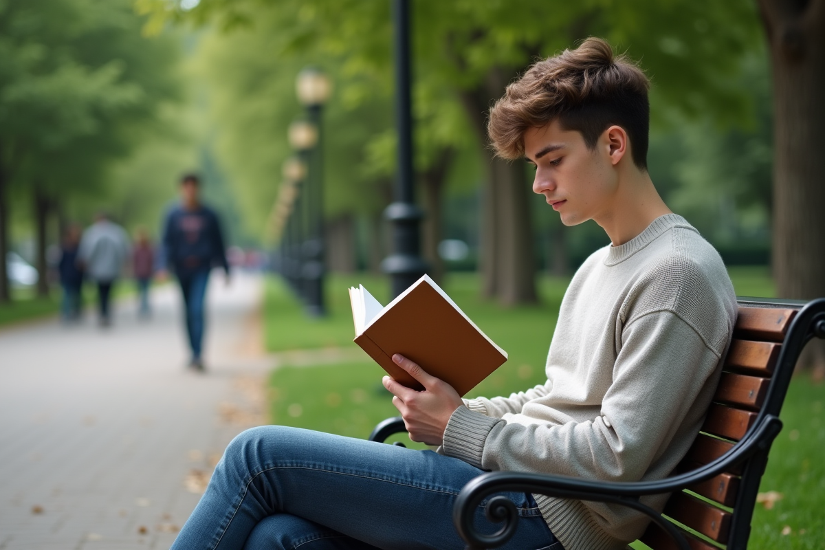 Jeune homme lisant un livre dans un parc calme