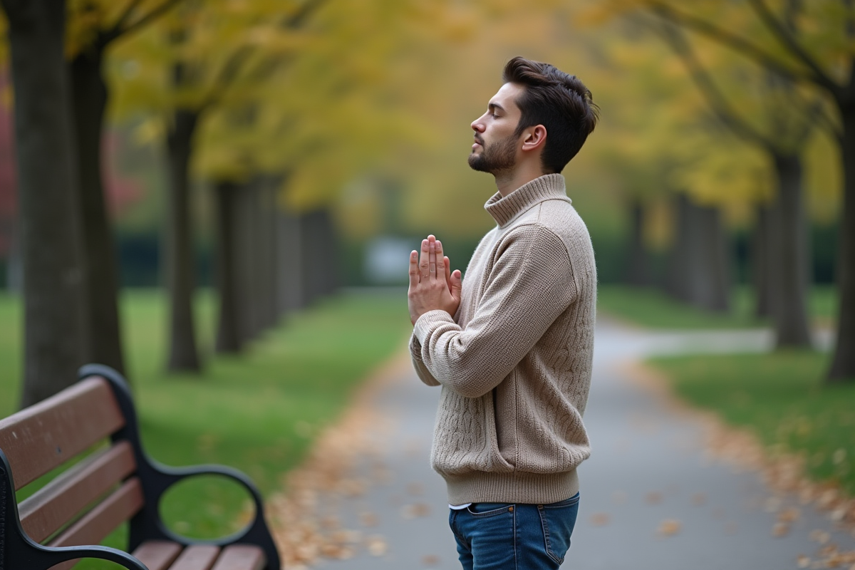 Jeune homme pratiquant la respiration dans un parc urbain